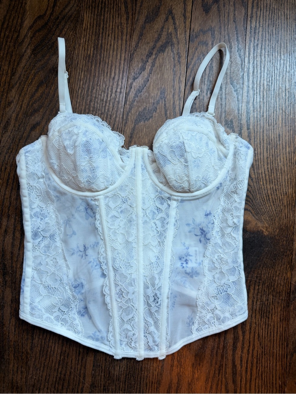 Garage White Lace Bustier corset with Pale Blue Floral Accents